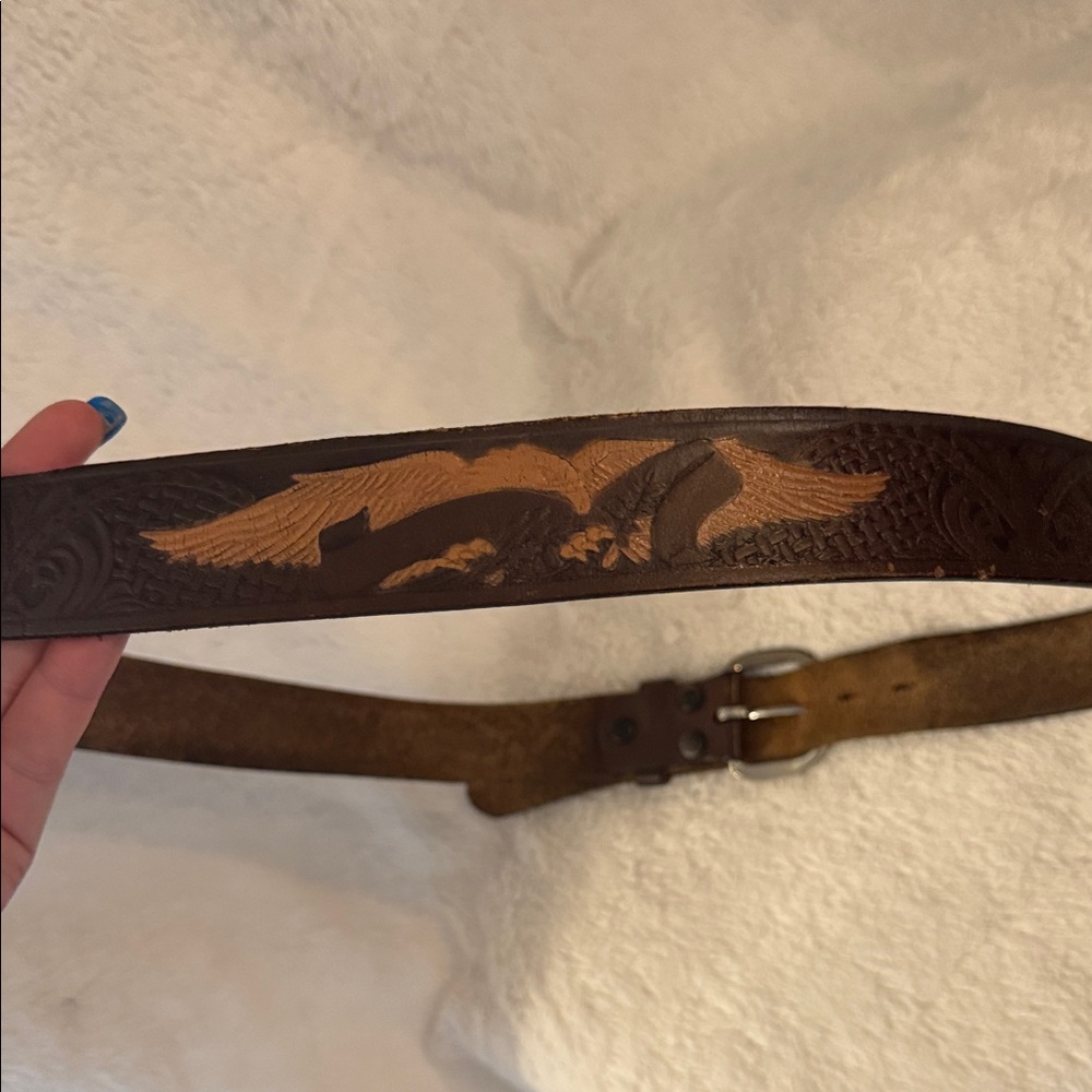 Leather Two-Tone Brown & Tan Western Style Belt Eagle Wing Embossed Mens Size 38